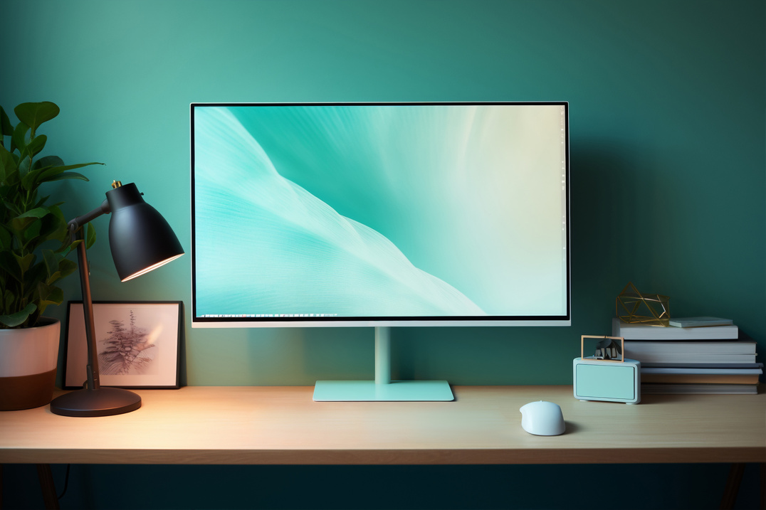 A desk with a monitor displaying the My Online School programme